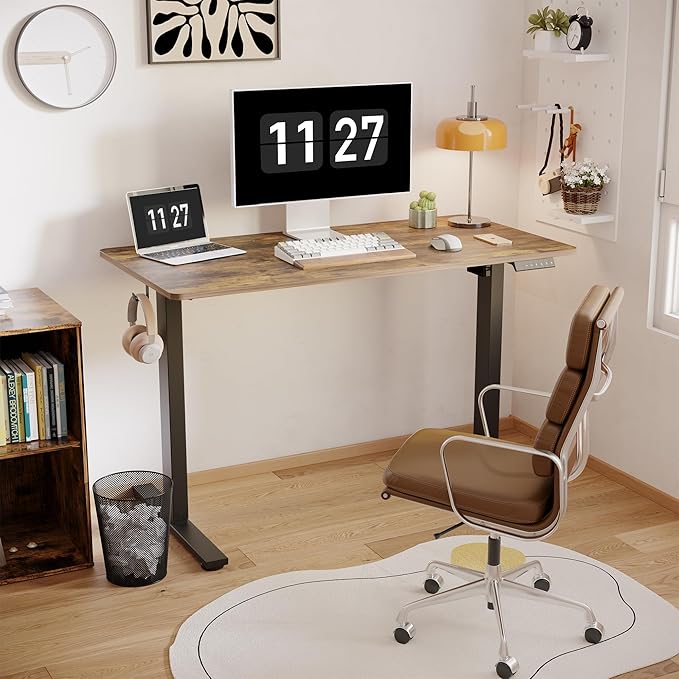 FLEXISPOT One-Piece Electric Standing Desk, 48 x 30 Inches Adjustable Desk with Seamless Desktop, Memory Controller Height Adjustment (Black Frame + Rustic Brown Desktop, 2 Packages)