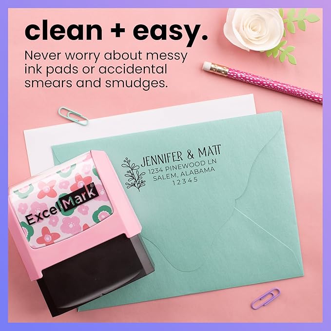 ExcelMark Address Stamp - Custom Return Address Stamp with Elegant Designs, Vibrant Colors & Patterns – Perfect for Mail, Invitations & Gifts (Pink Mount, Foliage Edge)