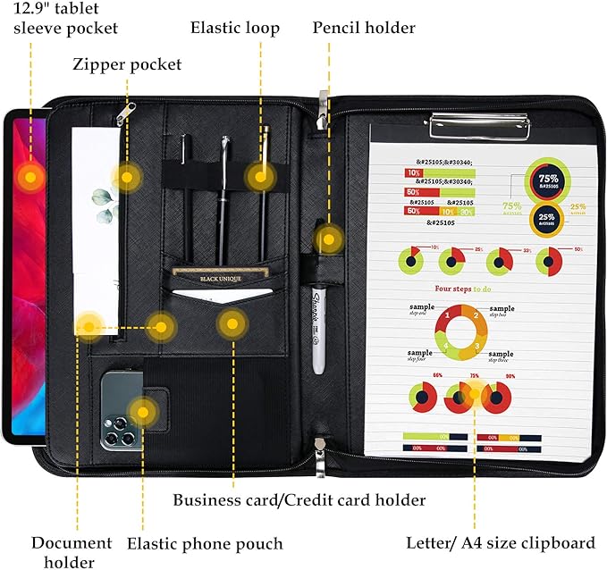 ProCase Portfolio Business Padfolio Folder with Zipper, Conference Meeting Executive File Legal Document Organizer with Pockets Letter Size A4 Writing Pad Notepad Padfolio -Black