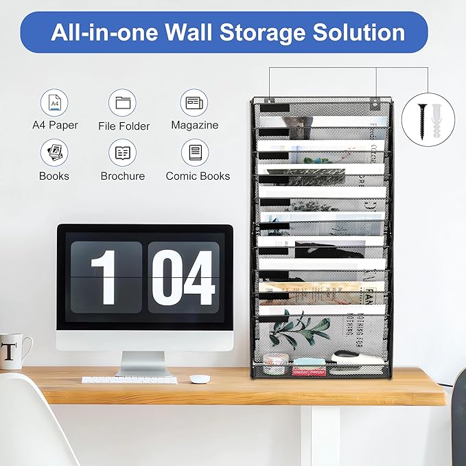 EasyPAG Wall File Holder 10 Tier Mesh Hanging Folder Organizer with Flat Tray Wall Mounted Mail Organizer Magazine Paper Desk Shelf with Nametag Label for Office Home School, Black