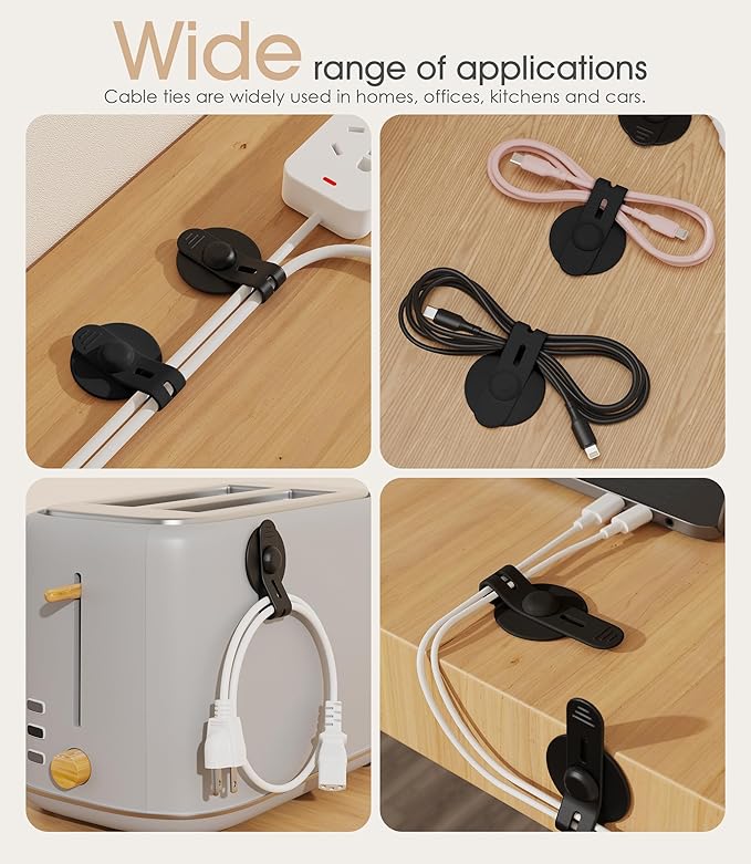Nearockle Cable Management Under Desk, Adjustable Self-Adhesive Silicone Cable Ties Cord Organizer, Reusable Heavy-Duty Cord Holder Under Table for Office, Home, School (20Pcs-Black)