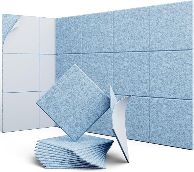 UNECHO 12 Pack 12" X 12" X 0.4" Acoustic Panels for Wall Sound Absorbing,Square Self-Adhesive Sound Panels, High Density Suitable for Multiple Scenarios(Light Sky Blue)