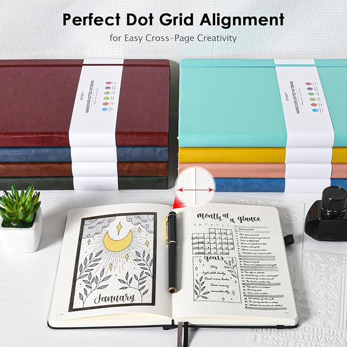 OFFIGIFT Bullet Dotted Journal Notebook, 312 Numbered Pages A5 Hardcover Leather Journal, 100gsm No Bleed Paper Dot Grid Notebook with Index Pages, Dot Journal for Women Men, 5.75" x 8.38", Black
