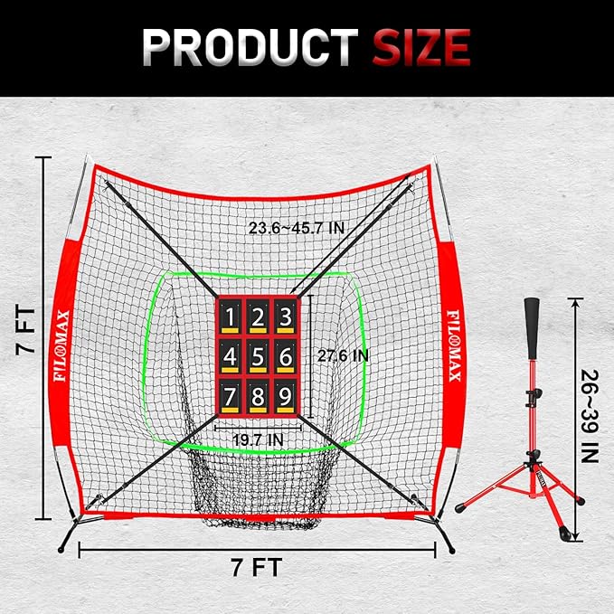 7x7ft Baseball & Softball Practice Net with Numbered Strike Zone & Batting Tee - Heavy Duty Portable Hitting Pitching Training Net for Accuracy and Swing Practice, Includes Carry Bag