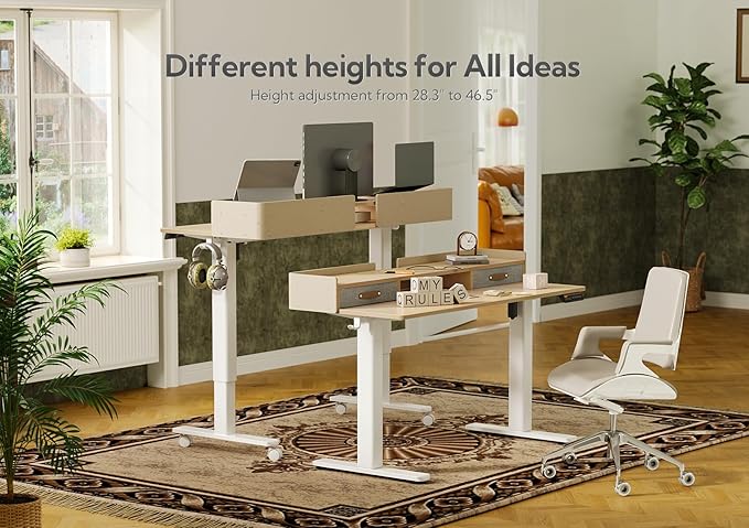 Claiks Standing Desk with Drawers, Adjustable Stand Up Electric Standing Desk Adjustable Height with Storage Shelf and Splice Board, 63 Inch, Natural