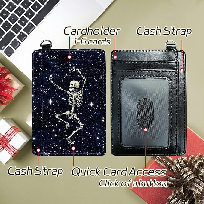 BWEGRHE Small Travel Wallets, Dance Skull Skeleton Slim Minimalist Front Pocket Wallet with Wristlet, RFID Blocking PU Leather Credit Card Holder with ID Window Change Purse for Men Women