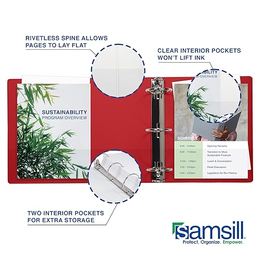 Samsill 0.5 Inch 3 Ring Binder, Made in USA, Economy Round Ring, Clear View Cover, 100 Sheet Capacity - for School, Home, Office - Red, 4 Pack