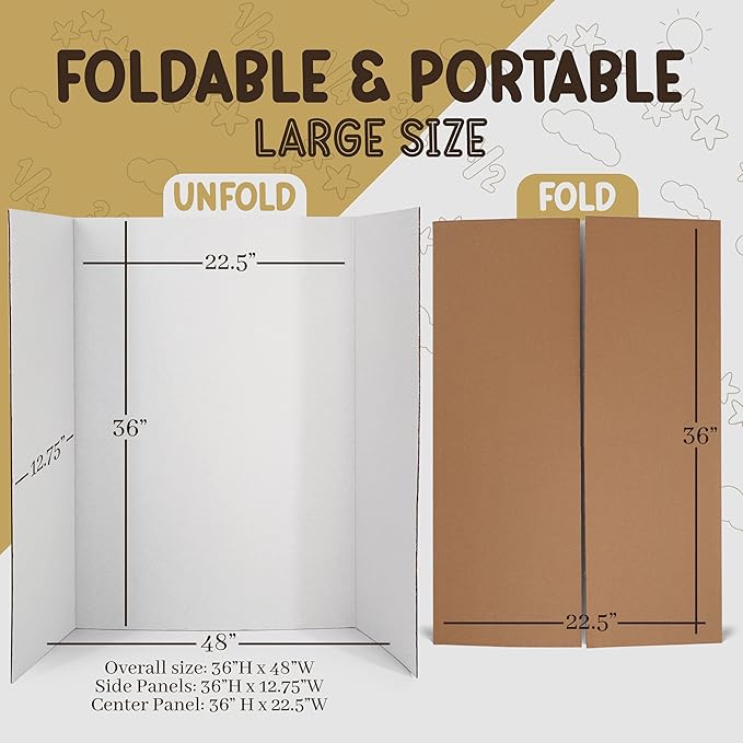 White Trifold Presentation Board 36" x 48" (Pack of 4) Self-Adhesive Science Subtitles included - Display Exhibition Board Lightweight and Portable with Smooth Surface - by Emraw