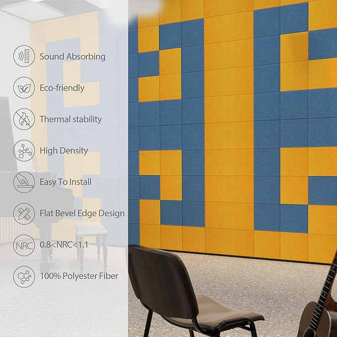 Amantech 12 Pack Acoustic Panels Self Adhesive Sound Proof Foam, High Density Sound Acoustic Panel, 12X12X0.4 Inch Square Panels in Home, Office, Reccording Room, Studio,and more(Sky Blue)