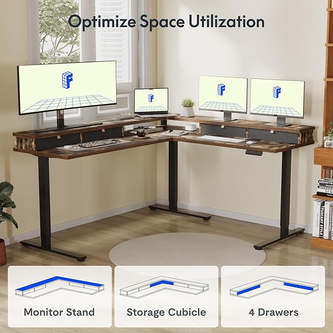 FLEXISPOT 63" L Shaped Standing Desk Electric Corner Table with Shelf, 4 Storage Drawers, Adjustable Computer Workstation for Home, Office, Game, Studio, Rustic Brown Top + Black Frame