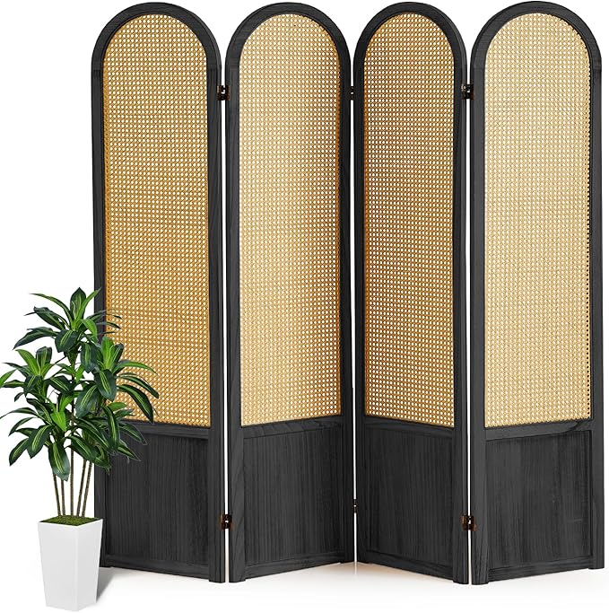 Asnefeli Room Divider 4 Panels, Folding Privacy Screen, Foldable Wood Rattan Room Divider Panel, Portable Partition Screen, Wall Divider for Room Separation Bedroom Home Office Garden Terrace (Black)