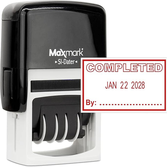 MaxMark Office Self Inking Date Stamp with Phrase Completed - Red Ink