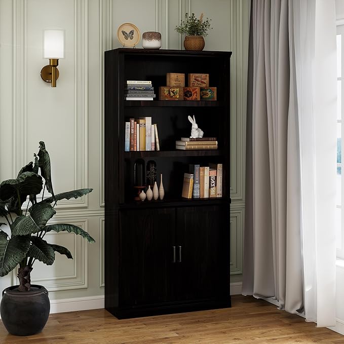 Bevfint 70 Inch Tall Bookcase with Doors, Library Office Bookshelf with Adjustable Shelves, Floor Standing Book Cabinet Shelves for Living Room Bedroom with Anti Tipping Kit, Dark Cherry Finish