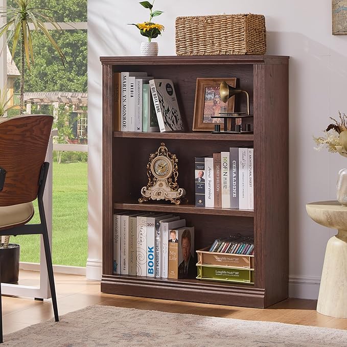 RWYHG 43" Walnut Tall Bookshelf Set of 4,3-Tier Thick Wooden Book Shelf with Adjustable Shelves,Free Standing Farmhouse Bookcase with Open Display Storage,Floor Vintage Bookshelves for Living Room