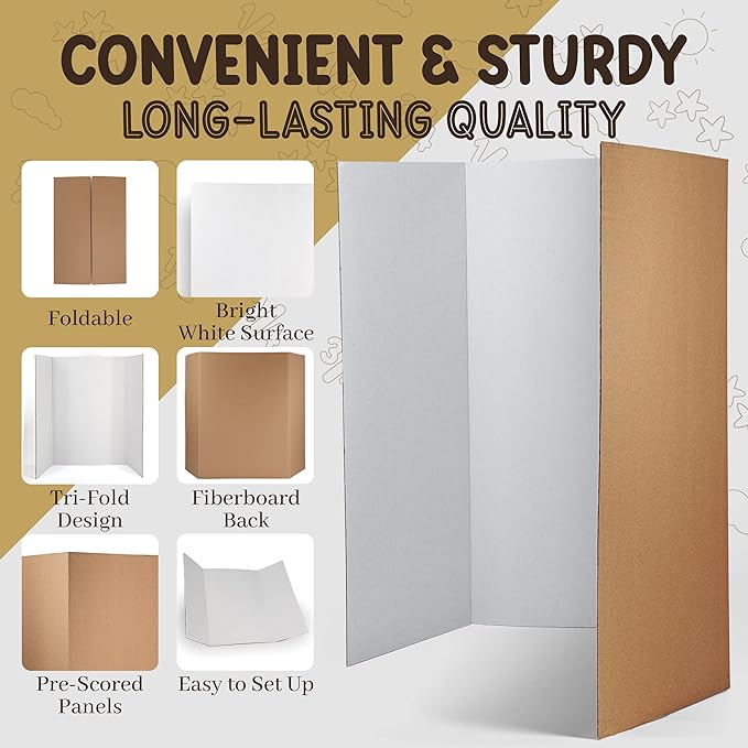 White Trifold Presentation Board 36" x 48" (Pack of 24) Self-Adhesive Science Subtitles Included - Display Exhibition Board Lightweight and Portable with Smooth Surface - by Emraw
