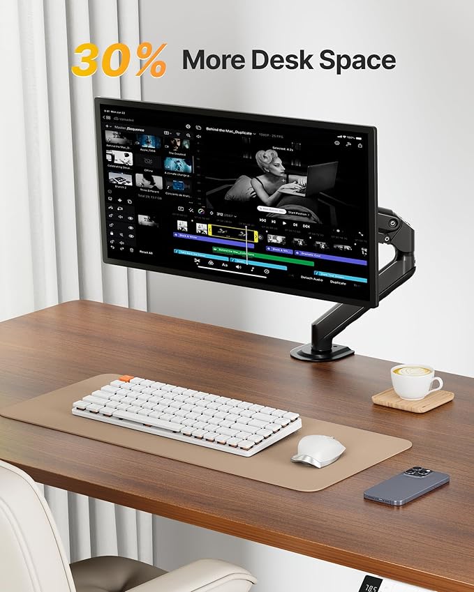 monTEK Single Monitor Arm Mount for 17-32 Inch Screens, Heavy Duty Steel Mechanical Spring Desk Monitor Stand, Full Motion Adjustable Monitor Arm with Clamp & Grommet, VESA 75/100, Holds up to 20lbs