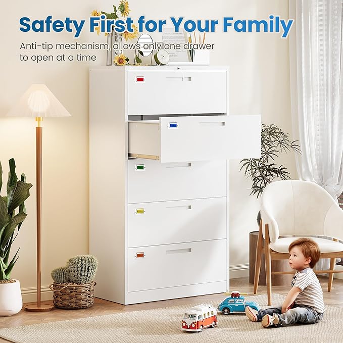 PEUKC 5 Drawer File Cabinet, Lateral Filing Cabinets for Home Office, Office Storage Drawers with Lock, Hanging Files Legal/Letter A4 Size (Assemble Required,White)