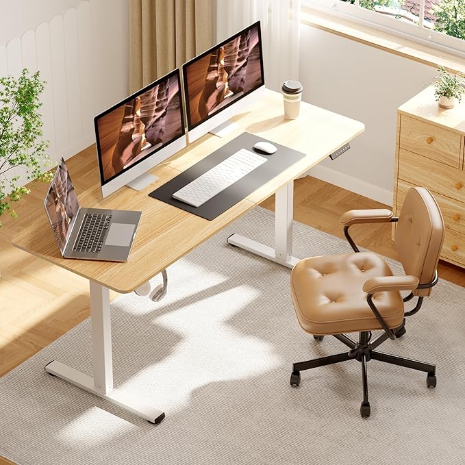 FitStand Adjustable Standing Desk, 63x24 Inches Home Office Desk with Memory Preset Computer Workstation Maple Top + White Frame