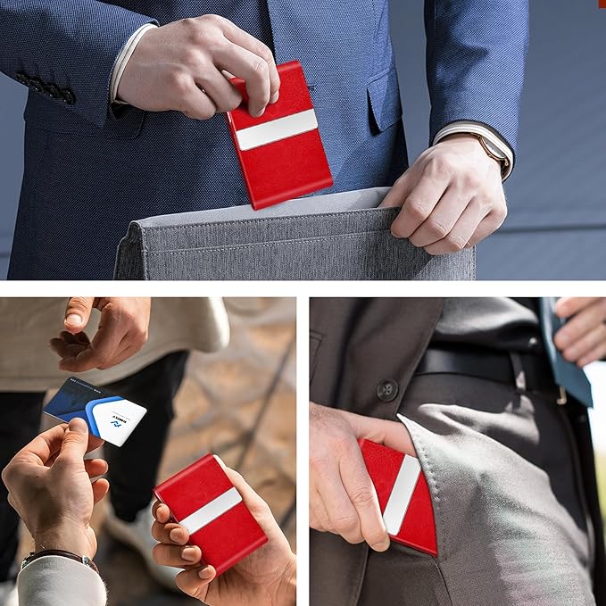 Business Card Holder for Women or Men, Business Card Case with PU Leather and Stainless Steel, Slim Metal Case with Magnetic Closure for Business Meeting Use