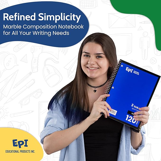 EPI Spiral Notebook | 3 Subject - Wide Ruled - 120 Sheets, Durable Spiral Binding | 10.5 x 8 in | Classroom Supplies | School, Office, Note Taking, Journaling - 3 Pack