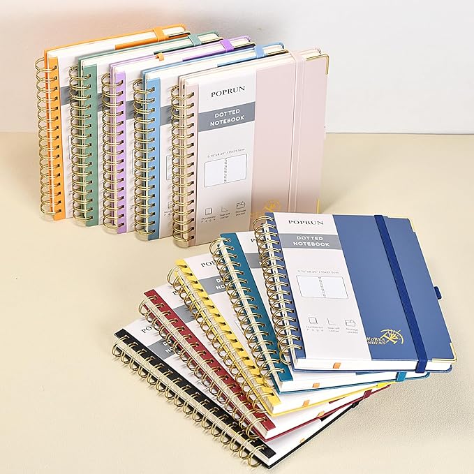 POPRUN Spiral Dotted Journal Notebook, [A5-5.75'' x 8.25''] - 120 GSM Thick Paper, 141 Numbered Pages, Hardcover for Men & Women with Pocket, Index Tabs, 8 Perforated Sheets, Violet