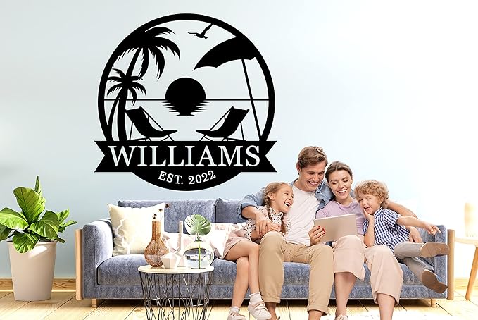 Personalized Palm Trees Family Name Sign, Custom Metal Palm Tree Sign, Custom Sunset Beach Metal Sign, Beach House Decor, Coastal Décor