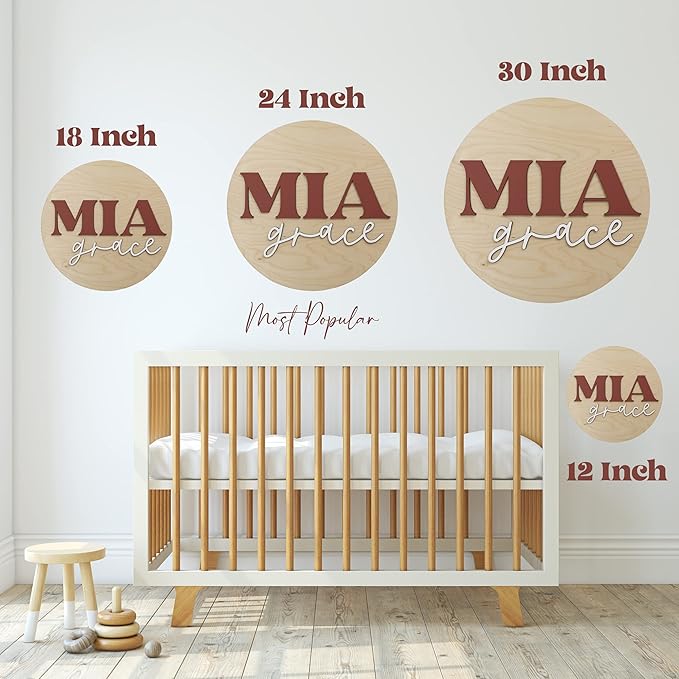 Custom Round Nursery Name Sign, Personalized Wooden Wall Plaque, 12" 18" 24", 30" 3D Wall Art for Children & Kids Rooms, Baby Shower, Hickory Hollow Designs (Brady Owen)