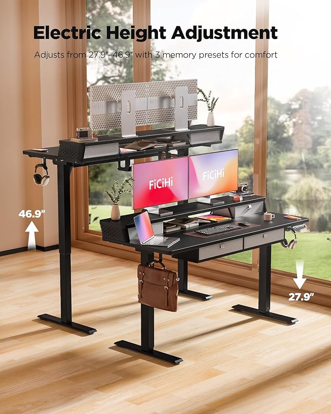 FiCiHi Electric Standing Desk with Four Drawers, Adjustable Height Sit Stand Desk, C-Clamp Compatible Home Office Desk with Storage Shelf & Monitor Stand Riser, 48 x 24 Inch,Classical Black