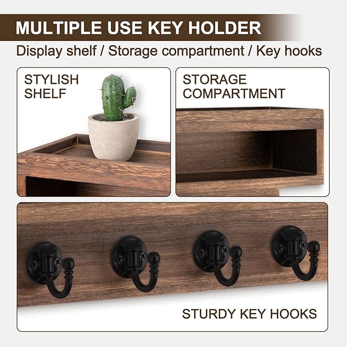 Lucundm Key and Mail Holder Wall Mount, Key Hanger with Long Storage Box and 6 Hooks for Coat, Dog Leash, Home Decor Rack, House Accessories, Entry Way Organizer (Brown)