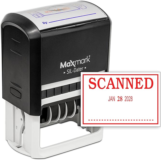 MaxMark Large Self-Inking Rubber Date Office Stamp with Scanned Phrase & Date - Red Ink, 12-Year Band - Style 3