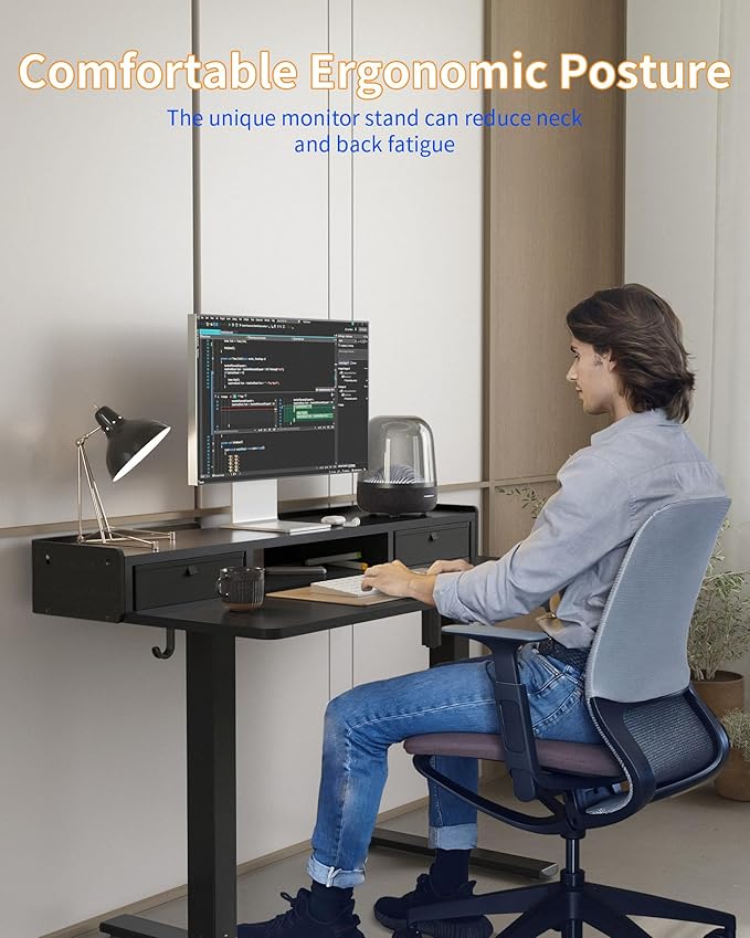 YIHAYO Electric Standing Desk with Drawers, 40 x 24 Inches Adjustable Desk with Storage Shelf, Stand Up Desk with Splice Board, Computer Desk for Home Office, Black Frame/Black Top