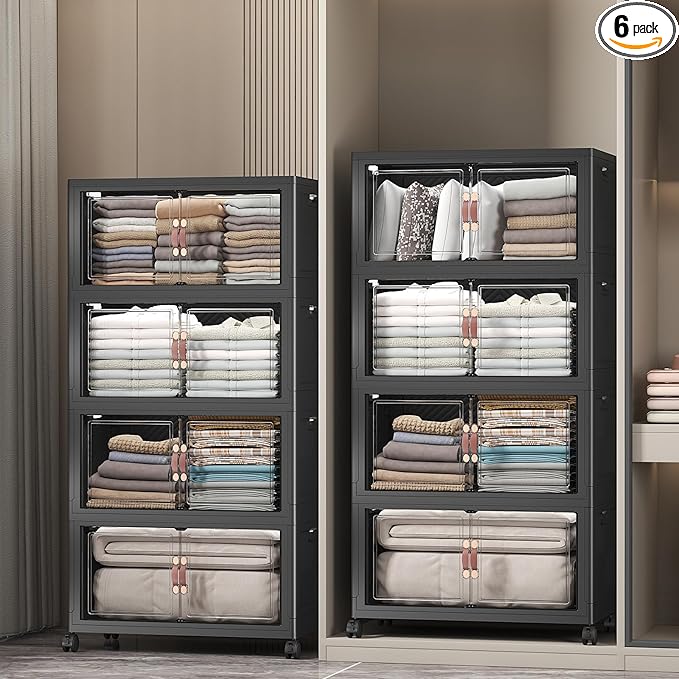 UAMFURI Extra Large Stackable Storage Bins with Lids & Wheels & Door, 896QT-112QT/28GAL*8Pack Foldable Collapsible Closet Organizers, Plastic containers drawers for bedroom Dorm
