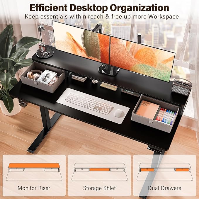 Kingant 48 x 24 Inch Electric Standing Desk with Dual Drawers, Height Adjustable Sit to Stand Computer Desk with Storage Shelf and C-Clamp Mount Compatibility for Home Office, Black
