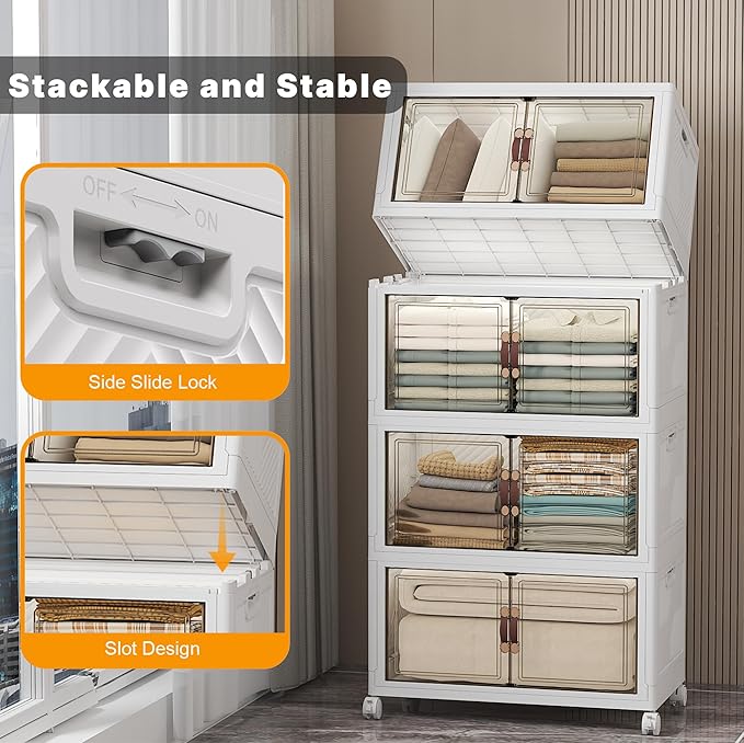 UAMFURI Extra Large Stackable Storage Bins with Lids & Wheels & Door, 896QT-112QT/28GAL*8Pack Foldable Collapsible Closet Organizers, Plastic containers drawers for bedroom Dorm