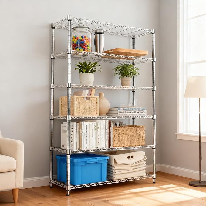 M MZG 6 Tiers Shelf 2100 lbs Steel Storage Shelving Utility Shelving Unit Steel Organizer Wire Rack for Home,Kitchen,Office,Garage Chrome 17.7" D x 47.2" W x 82.4" H