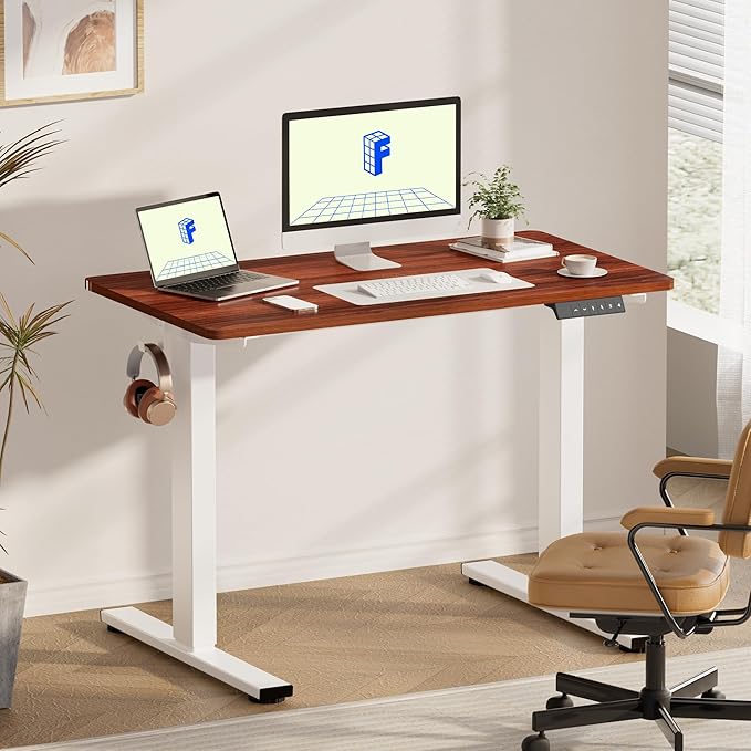 FLEXISPOT EN1 One-Piece Standing Desk with 1-Inch Thick Seamless Desktop, 48"x24" Electric Height Adjustable Desk for Home Office, Multi-Monitor Setups & Easy Assembly, Mahogany