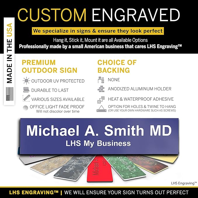 Personalized Name Plate with Choice of Mounting for Walls, Doors, Desk Holders, Cubicles, Hanging and More - Custom Purple Plastic White Letters - USA Made 2x8 - B13