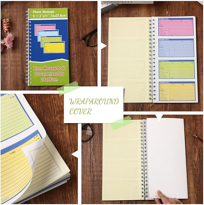 Sinmoe 6 Pcs Spiral Bound Phone Message Book with Carbon Copy 5-1/2" x 11" 2 Part Colorful Carbonless Telephone Message Pads Duplicate Spiral Phone Call Log Book for Business Office