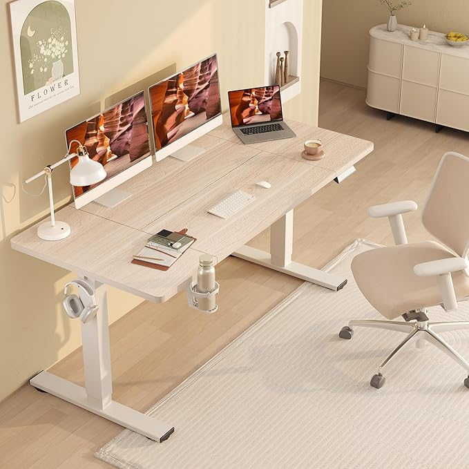 FitStand Standing Desk,Large 63x31 Inches Height Adjustable Stand Up Desks with Cable Management, Home Office Computer Desk with Cup Holder & Memory Preset, White Wood Grain
