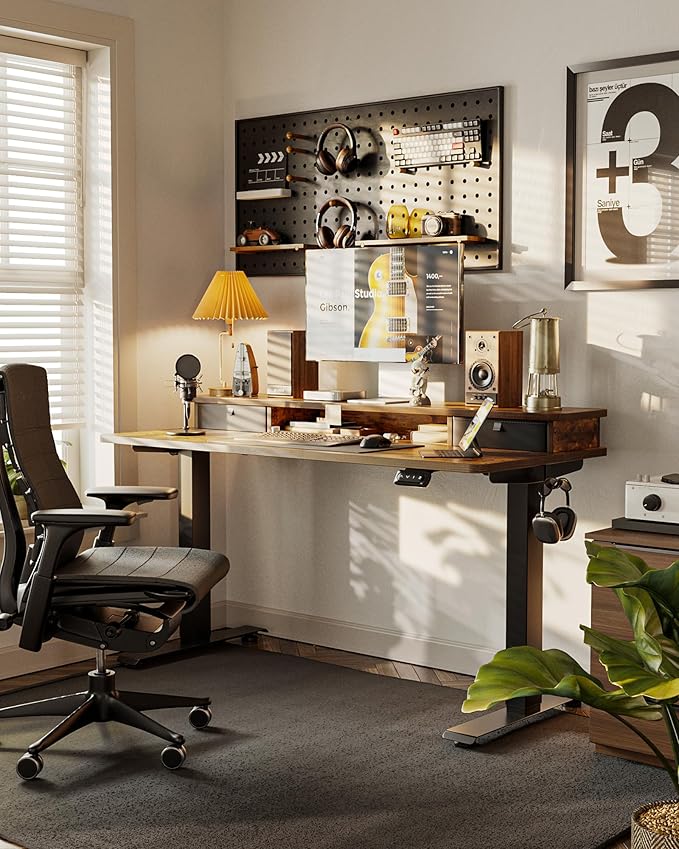 FEZIBO 48 x 24 Inch Height Adjustable Electric Standing Desk with Double Drawers, Stand up Desk, Home Office Computer Workstation with 4 Height-Adjustable Feets & 2 Hooks, Rustic Brown