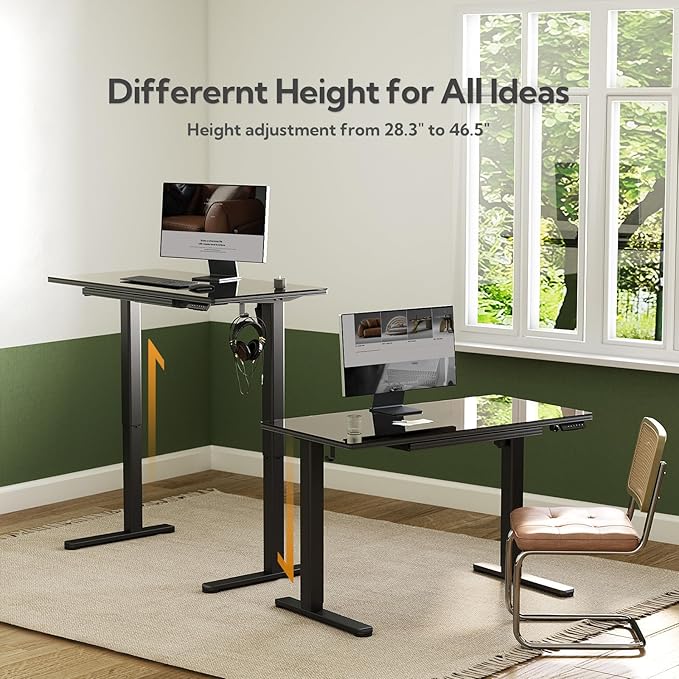 INNOVAR Glass Standing Desk with Drawers, 48 x 24 Inches Electric Height Adjustable Desk, Tempered Glass Top Stand Up Desks for Home and Office, Black
