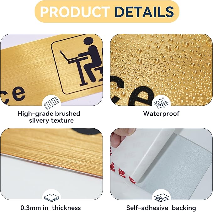 The Office Sign for Home and Business Door，Self-Adhesive Waterproof and Fade-Resistant Brushed Gold Office Sticker for House，Business，Door, Window