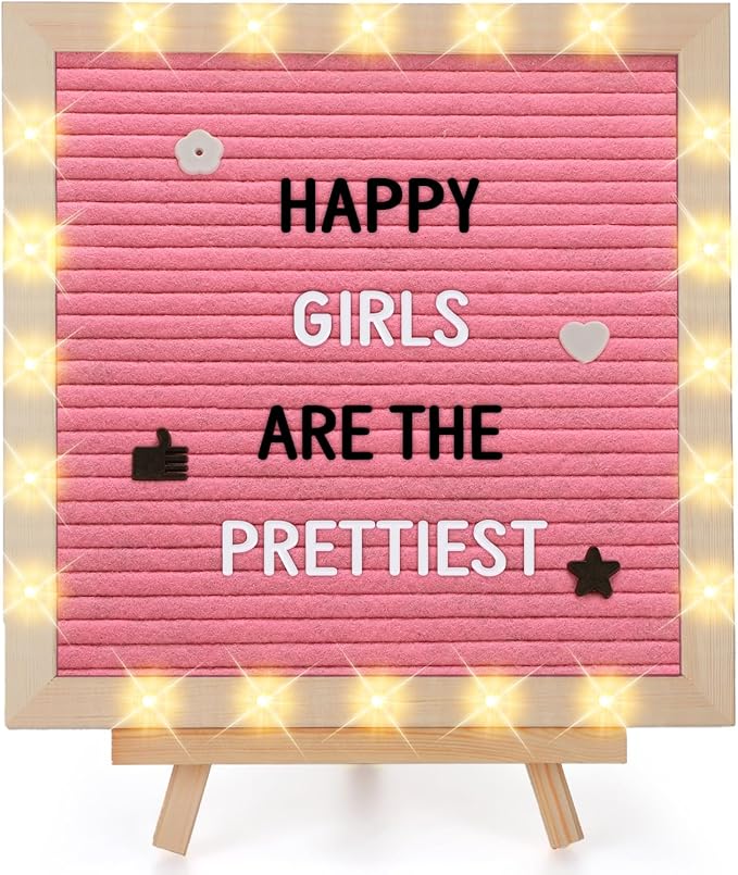 Changeable Felt Letter Board with LED Lights - 10×10" Message Custom Signs & Wood Stand & 450 Letters, Poster Board for Valentine's Day/Baby/Pregnancy Announcement/Classroom Wall Decor Gifts, Pink
