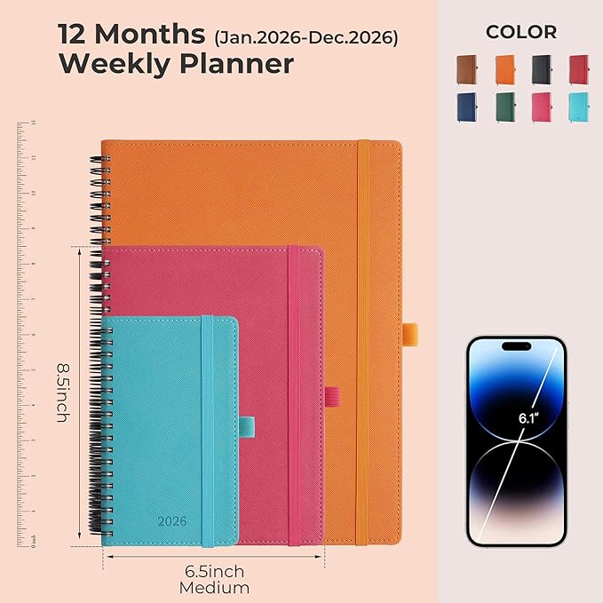 IN-LUXPRO Planner 2026 Daily Weekly and Monthly,8.5"x6.5",12 Months Spiral Bound Calendar Agenda with Self-adhesive Pen Holder,2026 Appointment Book with Vegan Leather Soft Cover,Light Blue