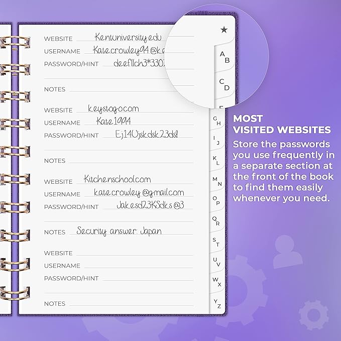 Clever Fox Password Book Spiral – Mini Internet Address & Password Organizer with Laminated Alphabetical Tabs – Small Password Keeper Journal – Hardcover, Pocket Size, 4.7x5.7” (Purple)