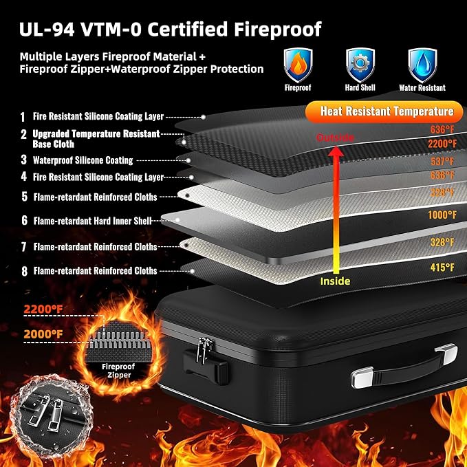 Deelhety Fireproof Document Box - 8-Layer Hard Shell Fire Proof Safe for Home Documents, Water Resistant File Organizer for Desk Money, Safety Box for Passports Certificates Laptop