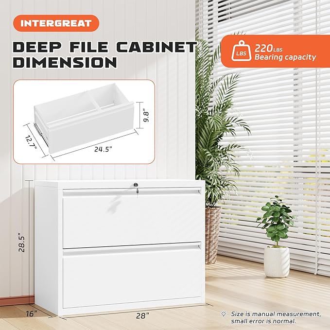INTERGREAT Lateral File Cabinet 2 Drawer, White Metal File Cabinets for Home Office, Locking File Cabinet for Letter/Legal/F4/A4 Size Hanging Files, Easy Assembly