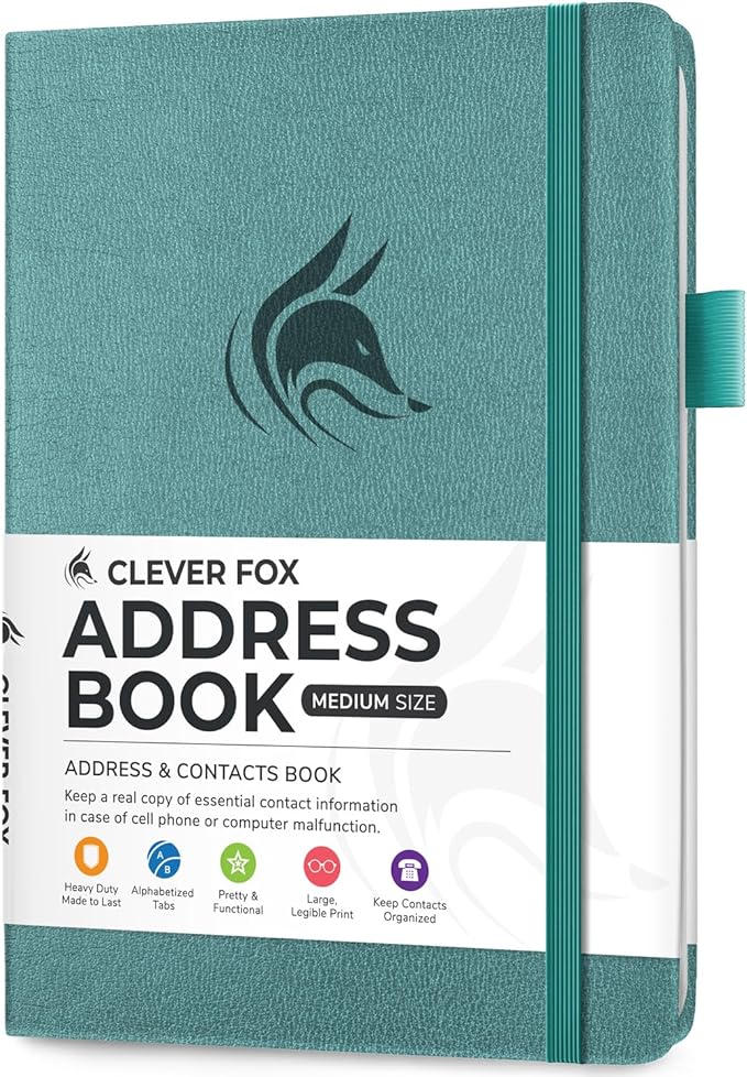 Clever Fox Address Book with alphabetic tabs - PU Leather Telephone and Address Book for Keeping Contacts Safe, Contact Organizer Journal, Medium Size (5.3″ x 7.7″) Hardcover, Aquamarine