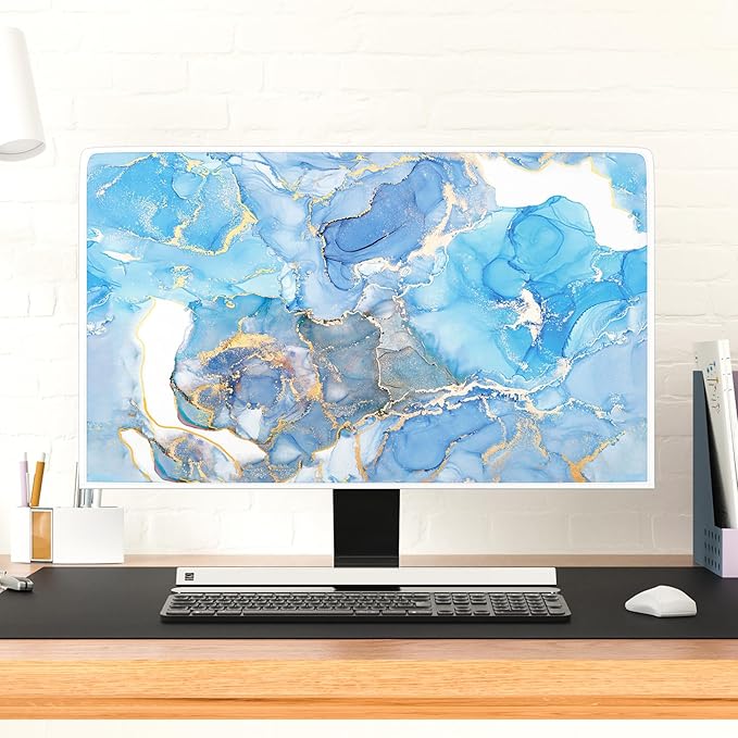 Baocicco Baby Blue Gold Marble Waterproof Screen TV Cover 75 Inch Modern Television Accessories TV LCD Fashion Weatherproof Screen TV Decorations for Tablet LED LCD OLED TVs