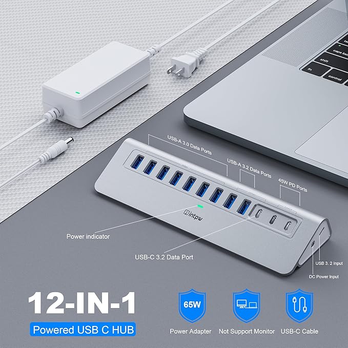 YH9AC Powered USB Hub 10Gbps, intpw 12 Port USB C Hub with 10Gbps USB C 3.2+2 USB A 3.2, 7 USB 3.0, 2 PD 45W Charging Port, 65W Power Adapter + 3.3FT Cable, Aluminum USB Hub for Laptop/iPhone 17/16/PC